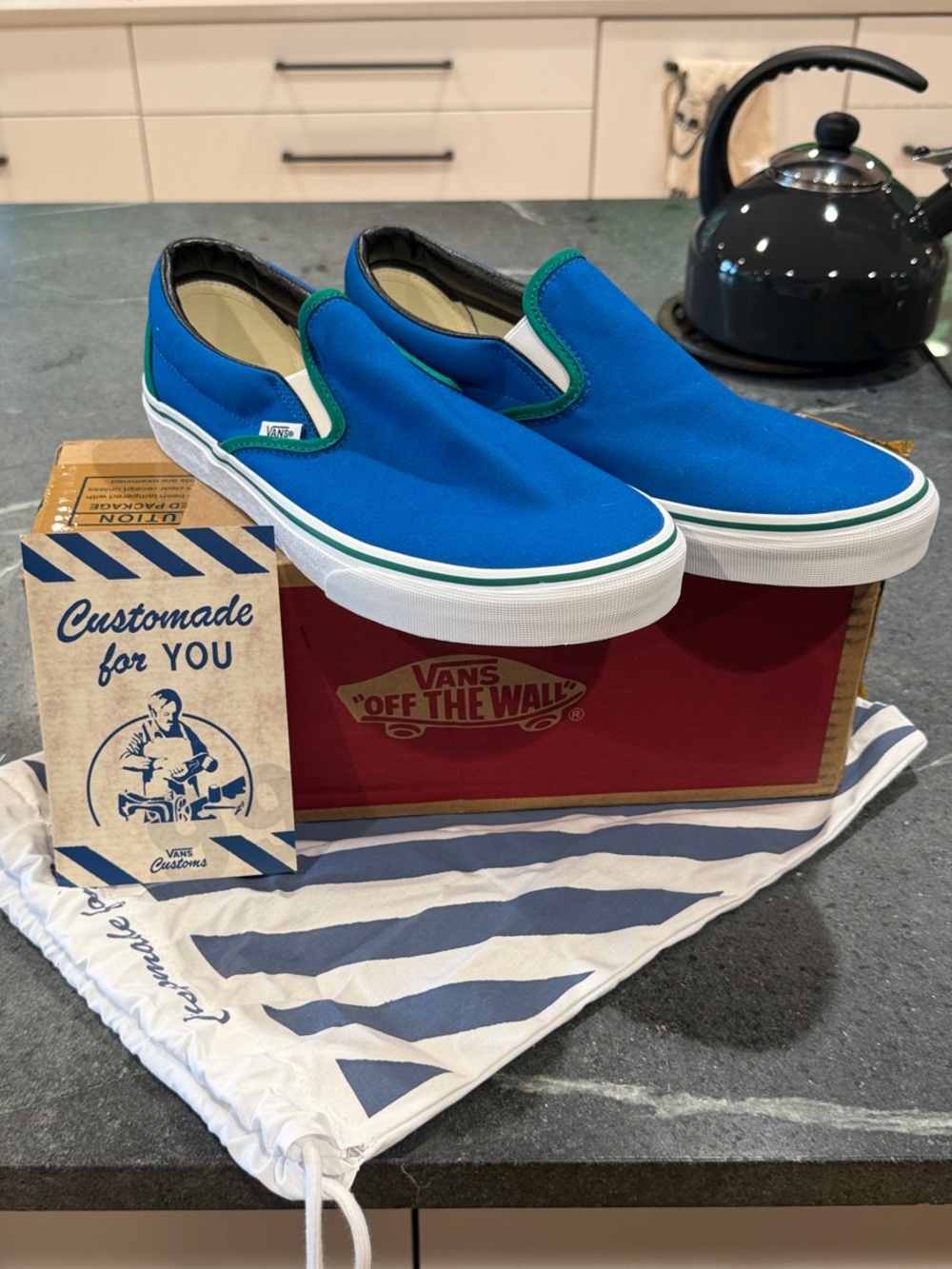Custom Men’s Vans Wide Slip-On Canvas Sneakers in Bright Blue with Green Trim